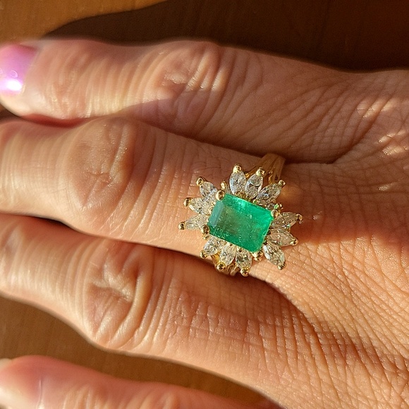 Art deco 14k yellow gold 3ct emerald diamonds ring size 8 - Picture 9 of 12